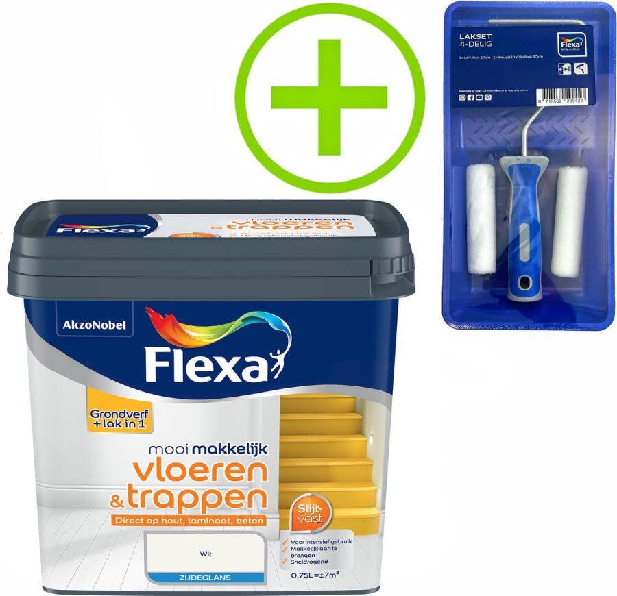 Flexa Mooi Makkelijk Verf Lak Vloeren en Trappen Mooi Wit 750 ml + Lakroller 4 delig
