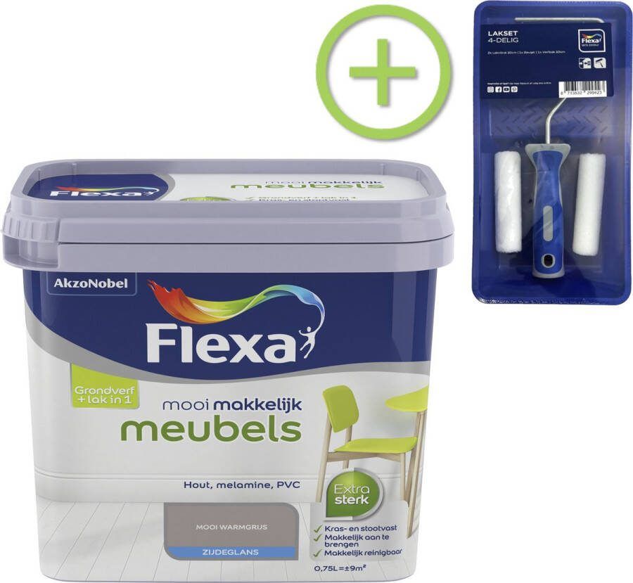 Flexa Mooi Makkelijk Verf Meubels Mooi Warmgrijs 750 ml + Lakroller 4 delig