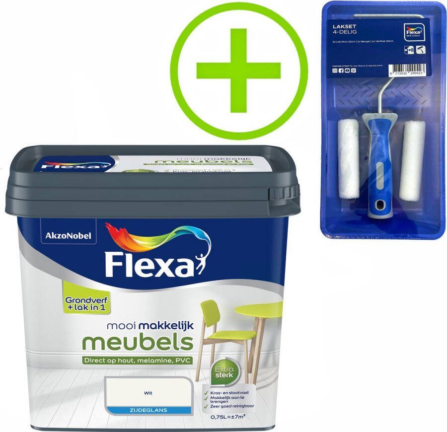 Flexa Mooi Makkelijk Verf Meubels Mooi Wit 750 ml + Lakroller 4 delig