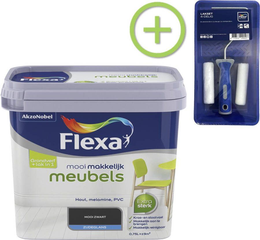 Flexa Mooi Makkelijk Verf Meubels Mooi Zwart 750 ml + Lakroller 4 delig