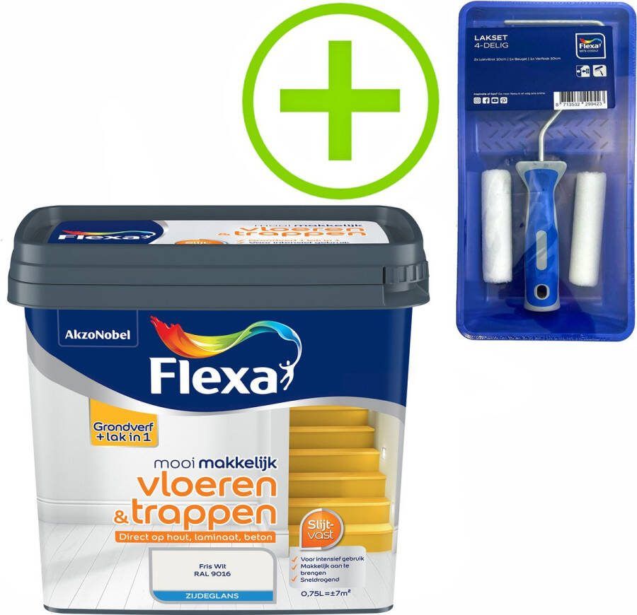 Flexa Mooi Makkelijk Verf Vloeren en Trappen Mooi Ijswit 750 ml + Lakroller 4 delig