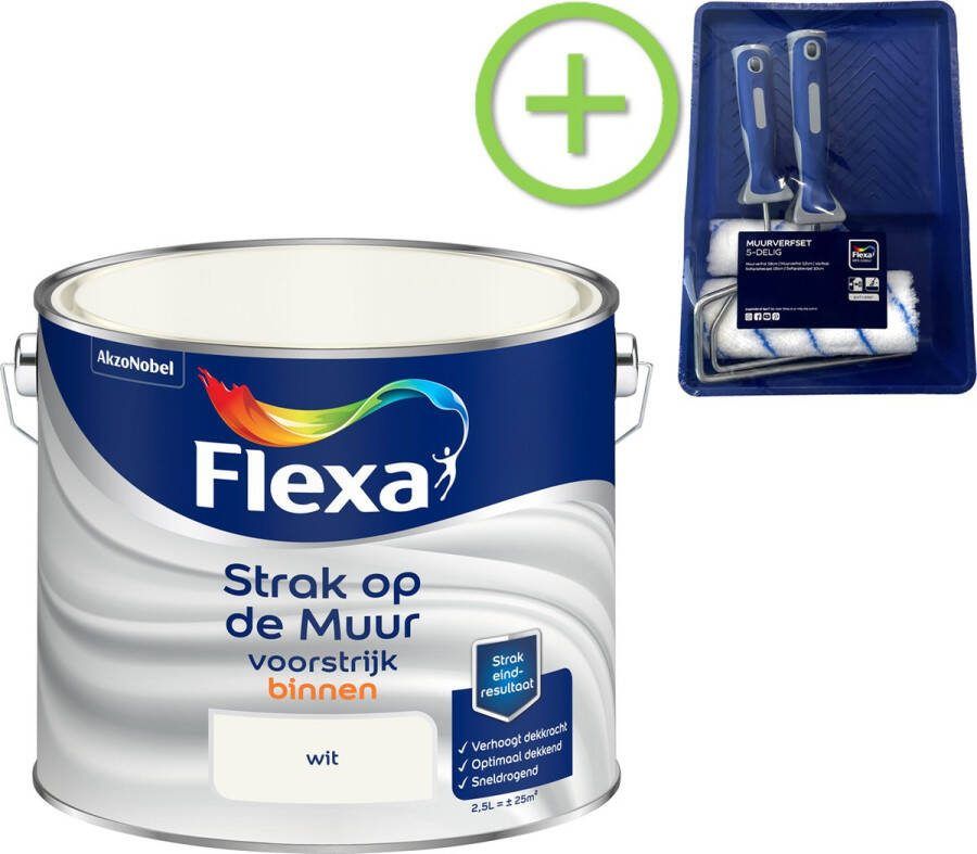 Flexa Strak op de Muur Watergedragen Voorstrijk Wit 2 5 liter + muurverf roller 5 delig