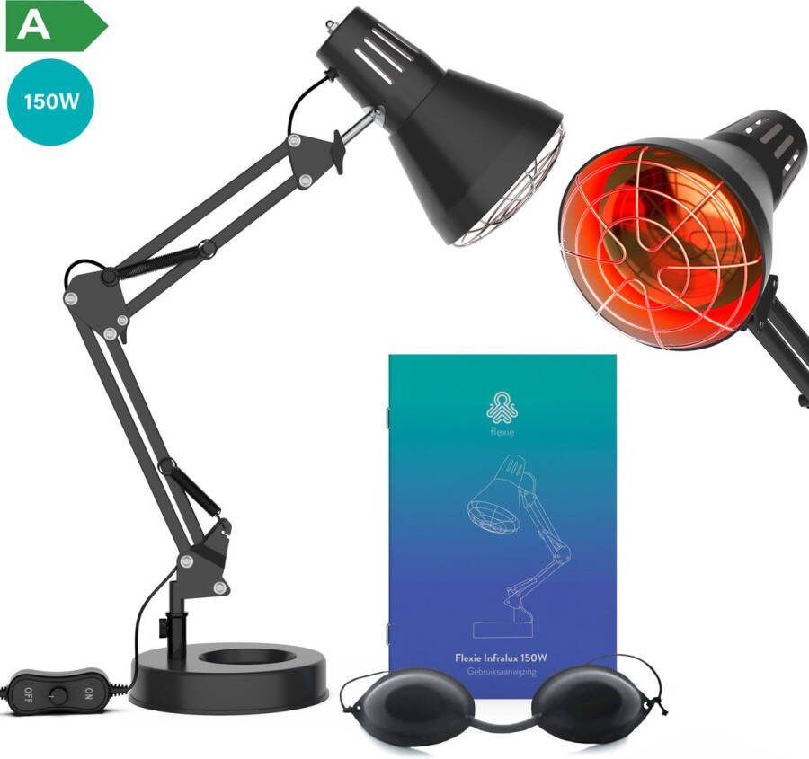 FLEXIE Infralux 150 – Infraroodlamp met Warmtelamp – Nachtlampje Infrarood Verwarming voor Gewrichten Spieren Pijn Huid – Red Light Therapy – Rood Licht Therapie – 150Watt