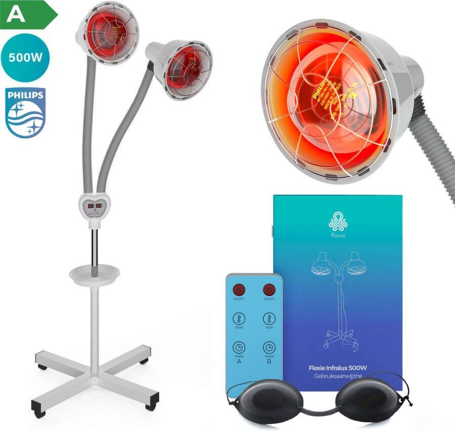 FLEXIE Infralux 500 – Infraroodlamp met Phillips Warmtelamp – Infrarood Verwarming voor Gewrichten Spieren Pijn Huid – Red Light Therapy – Rood Licht Therapie – 500Watt