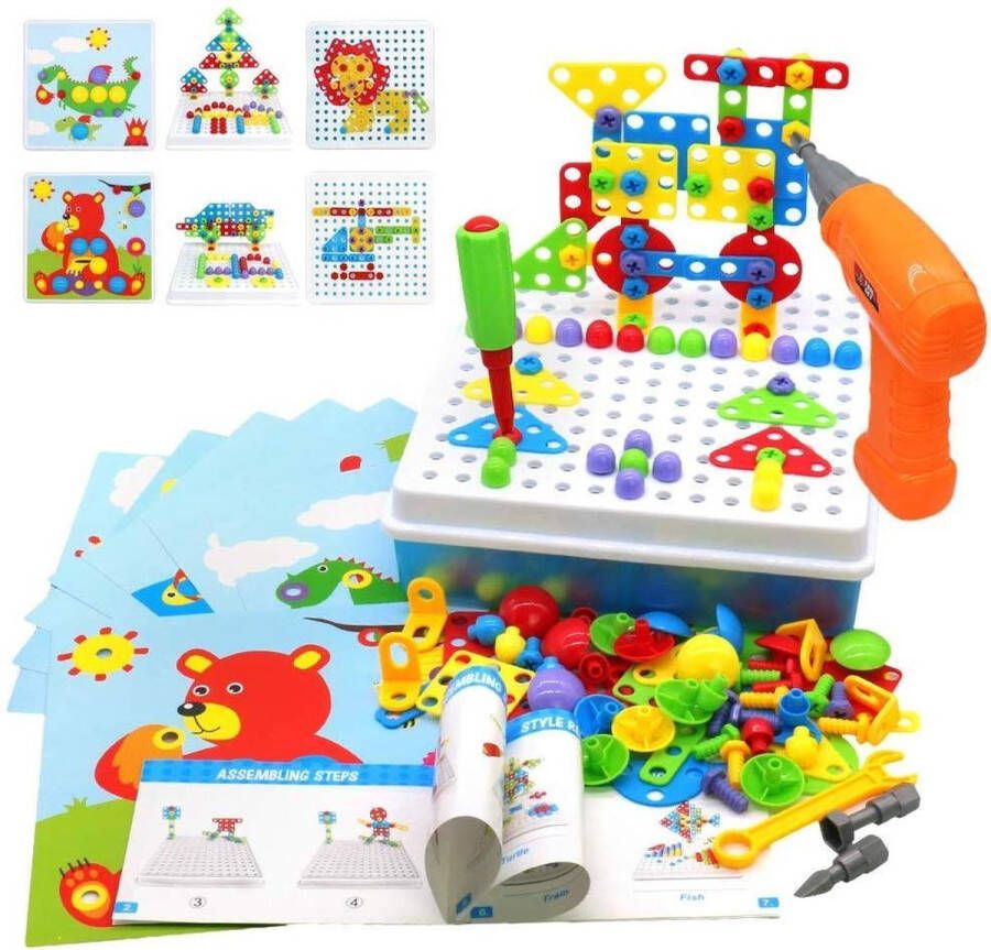 FlexToys 3D Puzzel met 237 Bouwstenen Mozaik Educatief Speelgoed met Boormachine Pedagogisch Speelgoed Cadeauset voor Kinderen