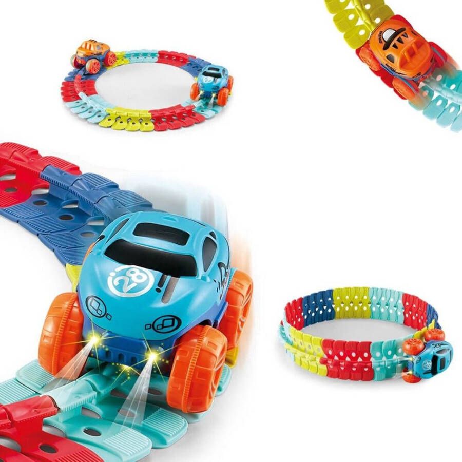 FlexToys Racebaan DIY Aanpasbare Autobaan Speelgoed 92 Stuks Bouwset met LED Verlichting Auto Speelgoed Jongens en Meisjes 3 Jaar Plus