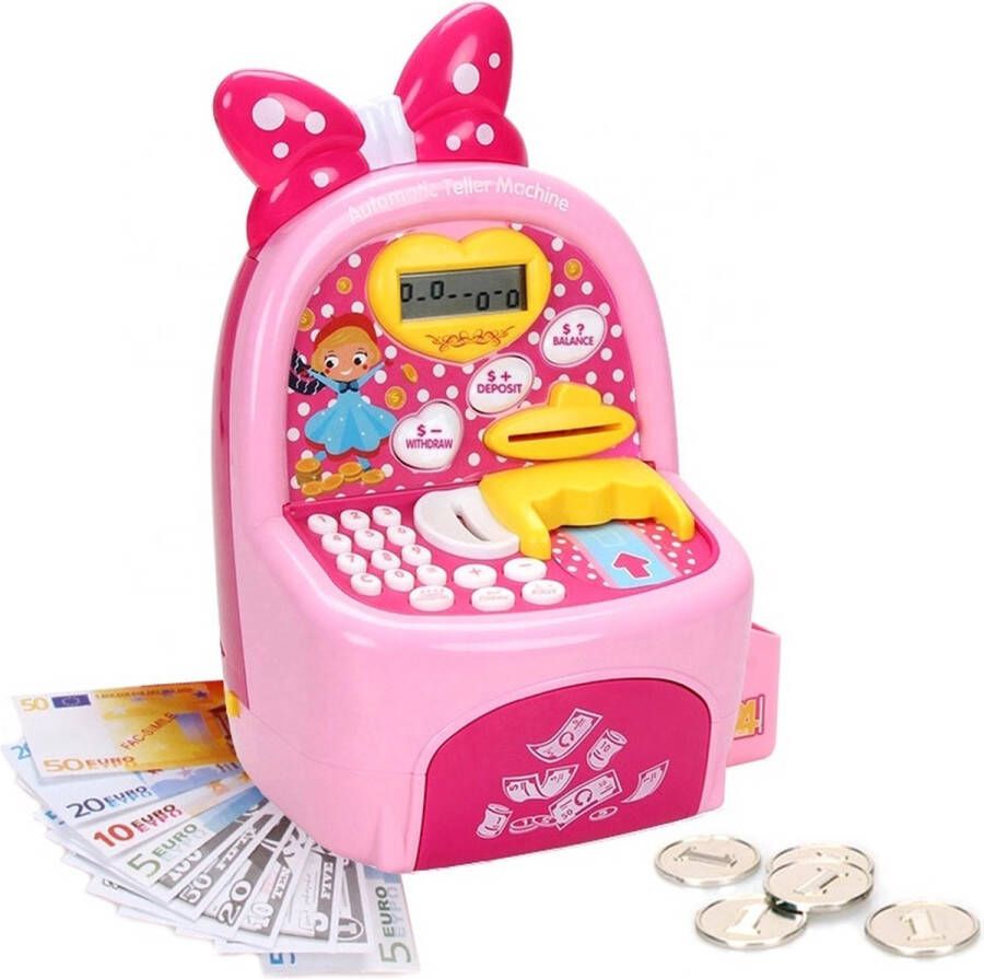 FlexToys Roze ATM-Simulatie Speelgoed voor Stortings- en Opname Scenario's Bank Sparen Winkel Geld Munten Bankbiljetten Meisjes Rollenspel