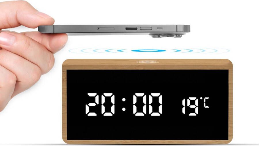 FlinQ Bamboe Draadloze QI Wekker Digitale wekker Draadloze oplader iPhone Wireless Charger Thermometer Bamboe