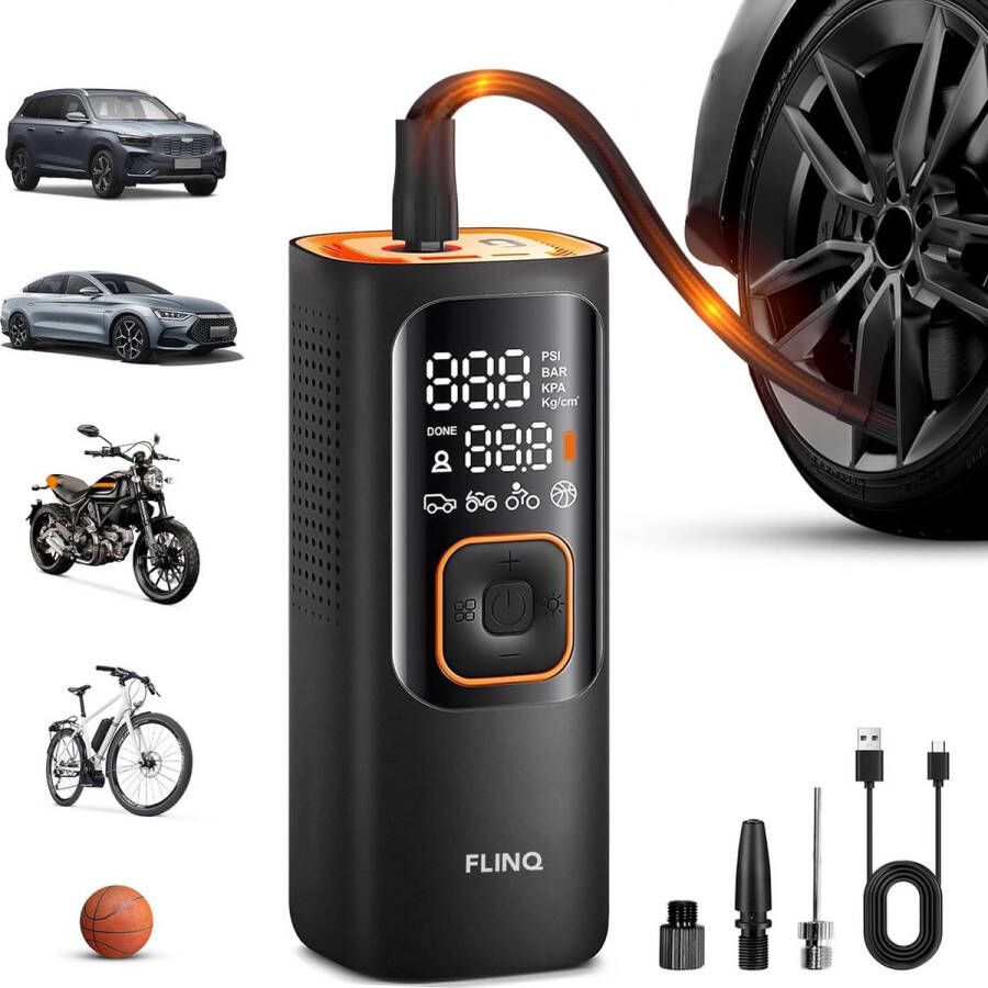 FlinQ Draagbare Compressor Luchtcompressor Elektrische Bandenpomp voor Fiets en Auto Fietspomp USB-oplaadbaar 12V