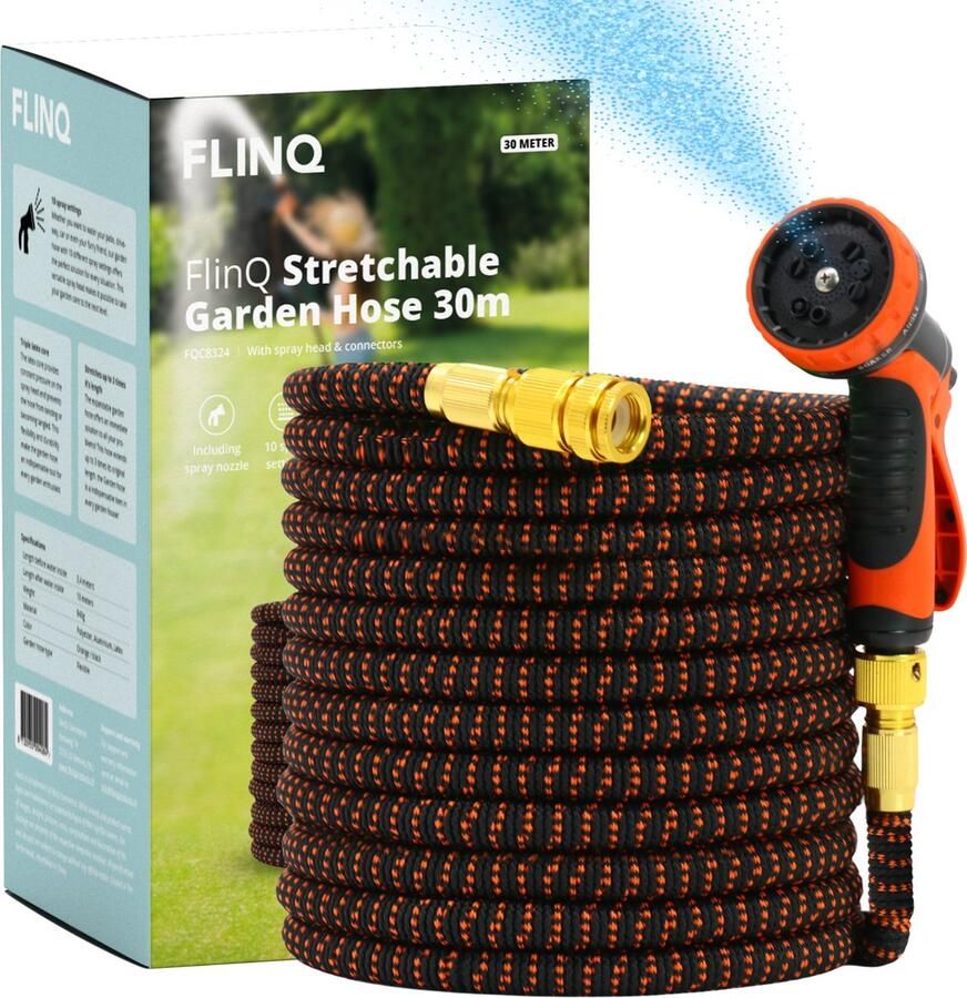 FlinQ Flexibele Tuinslang tot 30 meter Uitrekbare Waterslang met Sproeikop en Slanghouder Flexibel dus geen Knopen Inclusief Opbergtas Zwart Oranje