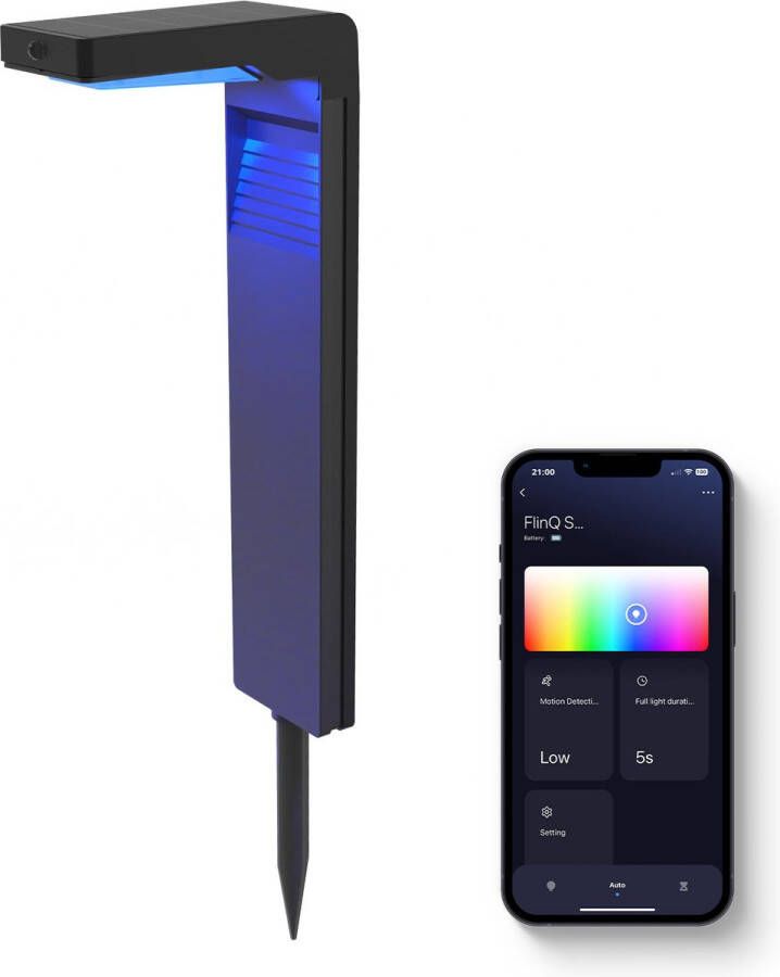 FlinQ Gaia Smart Solar Tuinlamp- Solar Tuinverlichting Zonne-energie Wit en Gekleurd licht Bewegingssensor Alexa & Google Assistant 2-pack Zwart