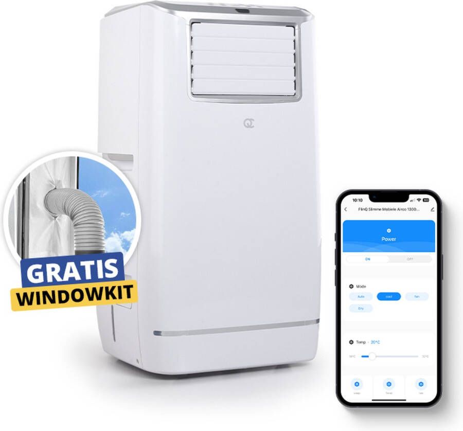 FlinQ Slimme Mobiele Airco 13.000 BTU gratis windowkit Stille Airconditioning voor Slaapkamer Airconditioner met Slang Verkoelt tot 50m2 Met App en Afstandsbediening