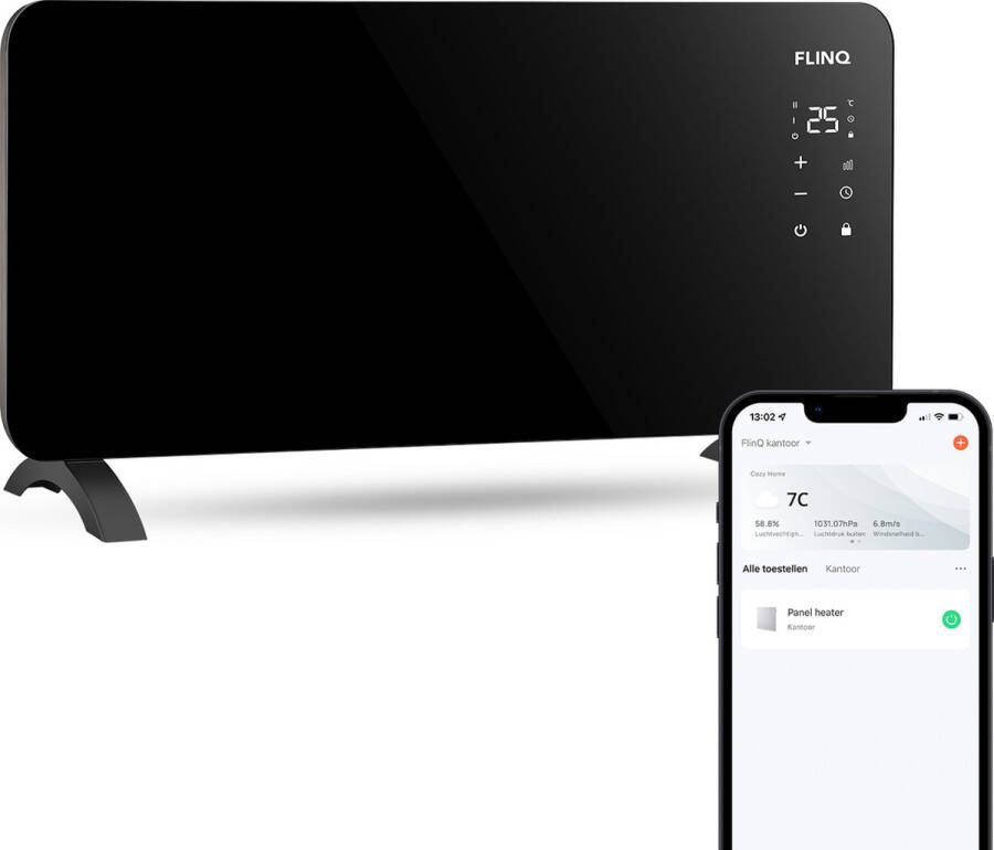 FlinQ Smart Convectorkachel Elektrische Kachel met WiFi Verwarming met Thermostaat Geschikt voor de Badkamer Ook als Wandkachel Electrische Verwarmingspaneel met 2000W Zwart