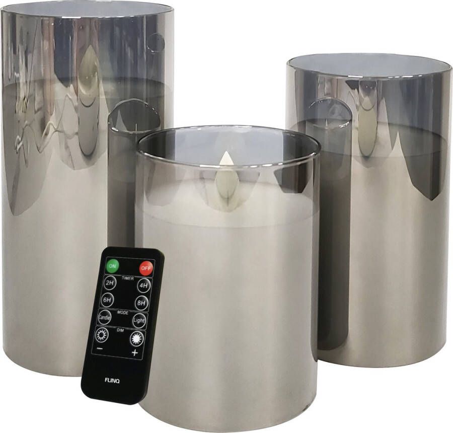 FlinQ LED Kaarsen Smoked Glass Inclusief Afstandsbediening Bewegende Vlam Veilig & Duurzaam Realistische Kaarsen Waxinelichtjes Kerstverlichting 3-pack Zilver