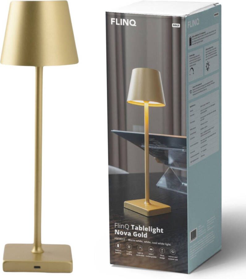 FlinQ Tafellamp Nova Oplaadbaar en met Touch Bediening Voor Slaapkamer en Woonkamer Draadloze Lamp ook als Schemerlamp Dimbaar en Ideaal voor Nachtkastje Industrieel Goud