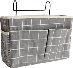 FLOKOO Bedside Pocket Bed Opbergzak Katoen Grijs Met Witte Ruitjes