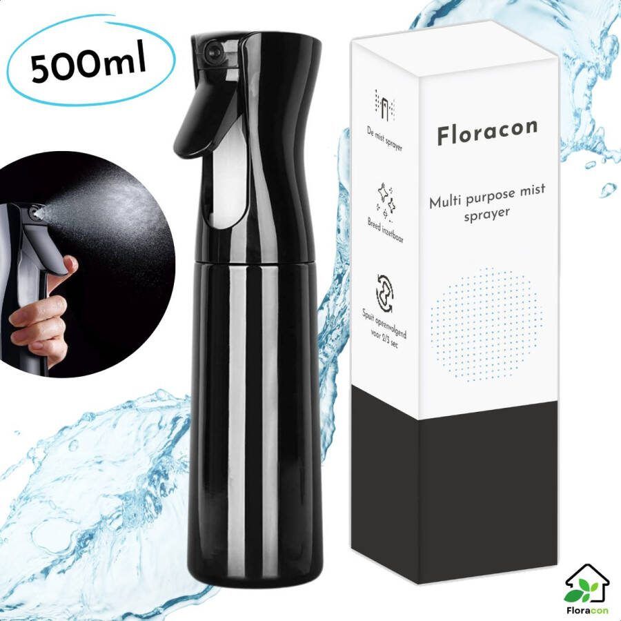 Floracon Mist Sprayer – Sprayflacon – 500 ML – Zwart – Mist Verstuiver – Plantenspuit – Vernevelaar – Waterverstuiver – Kappersspuit Haarspuit – Vernevelaar Tuin – Plantenvernevelaar – Waterspuit Verstuiver – Mist Sproeier