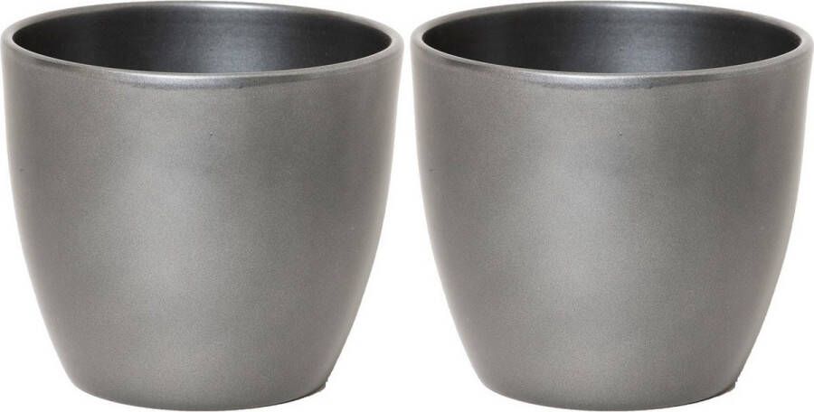 Floran 2x stuks bloempot in kleur glanzend zilver metallic keramiek voor kamerplant H17 x D19.5 cm- plantenpotten binnen