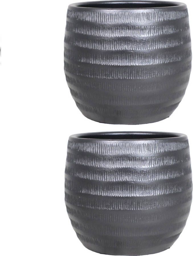 Floran 2x stuks bloempot in kleur mat zwart keramiek voor kamerplant H14 x D17 cm- plantenpotten binnen