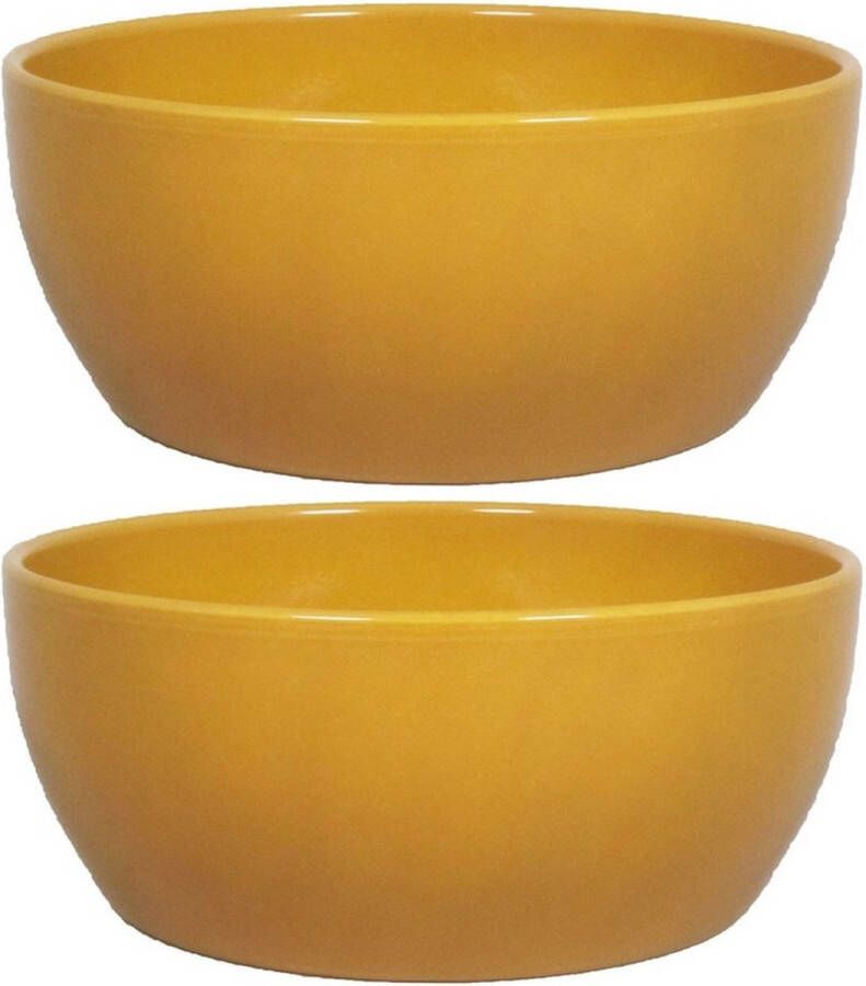 Floran 2x stuks bloempot schaal in kleur glanzend oker geel keramiek voor kamerplant H9.5 x D22.5 cm- plantenpotten binnen