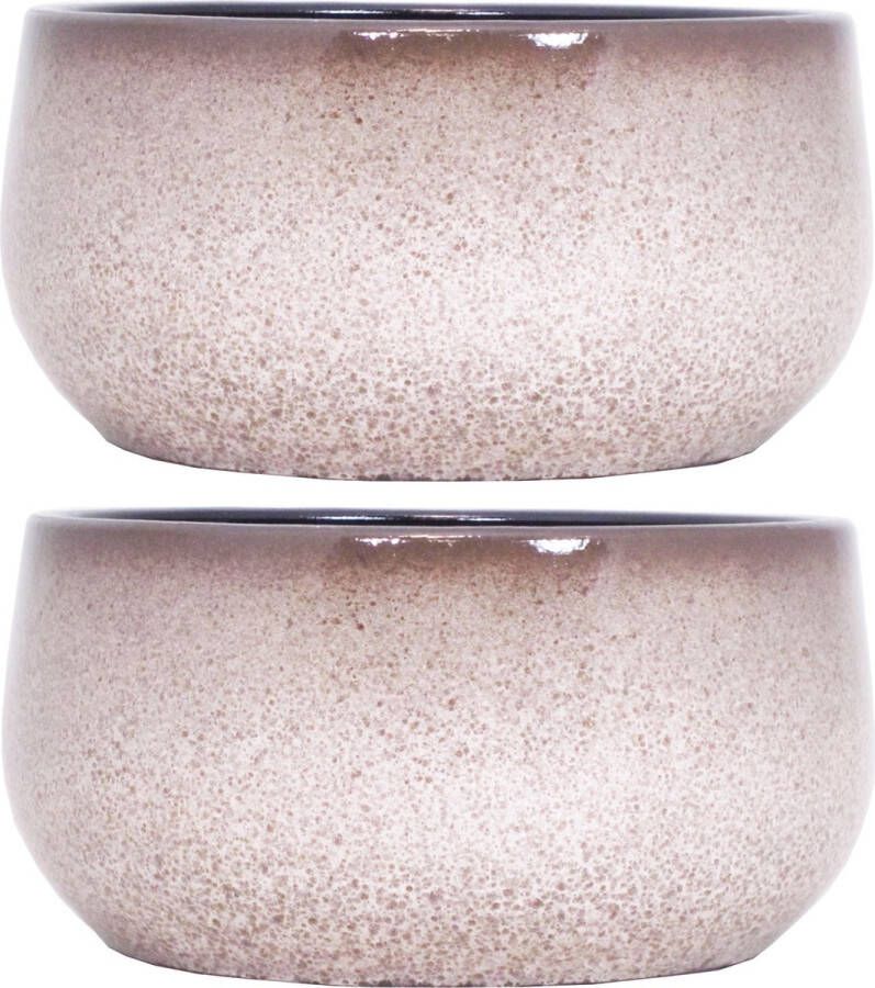 Floran 2x stuks keramiek aardewerk bloempot schaal van H14 x D29 cm in het een mat wit flakes motief- plantenpotten