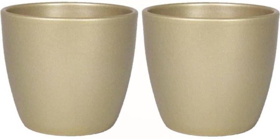 Floran 2x stuks kleine bloempot plantenpot van keramiek in het parelgoud D17.5 en H15 cm Binnen gebruik Gladde afwerking