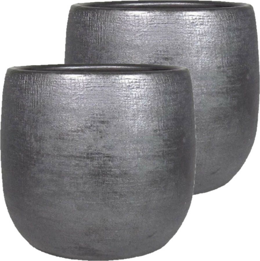 Floran Luxe plantenpotten Mira 2x stuks zwart keramiek diameter 16 cm