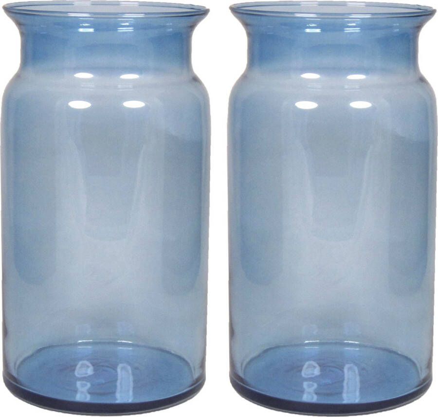 Floran Set van 2x stuks glazen melkbus vaas vazen blauw 7 liter met smalle hals 16 x 29 cm Bloemenvazen van glas