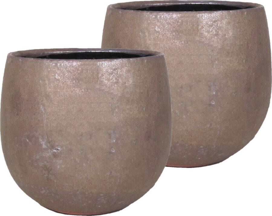 Floran Set van 4x stuks bloempot plantenpot schaal van keramiek in een glanzend brons kleur met diameter 14 11.5 cm en hoogte 10.5 cm Binnen gebruik