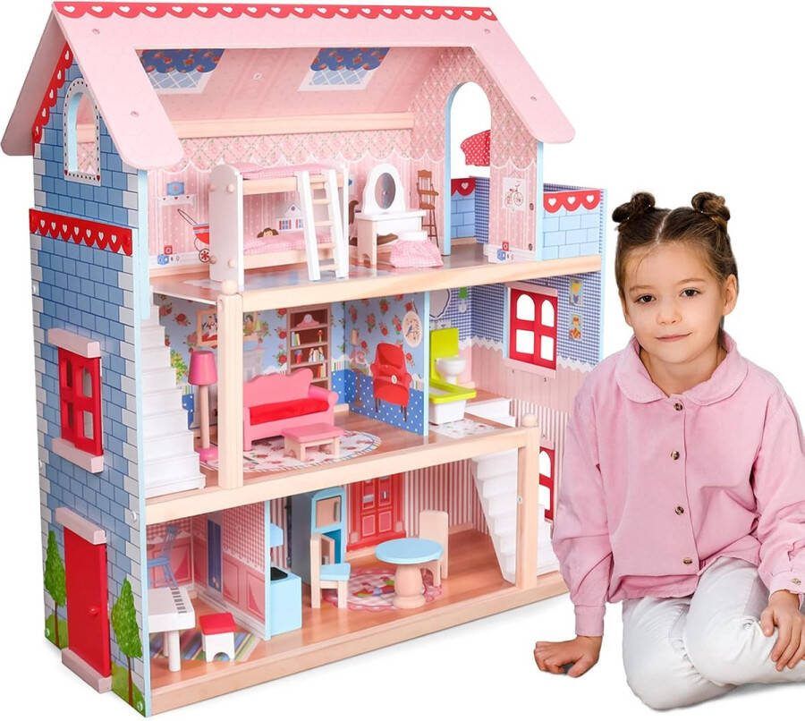 Floraya Poppenhuis Hout Met LED verlichting Incl. Meubelen en accessoires (16 stuks)