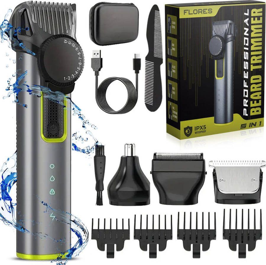 Flores Baardtrimmer Pro Mannen 9 Verwisselbare Opzetstukken Draadloos Inclusief Toilettas Bodygroomer 13-Delig Trimmer Set