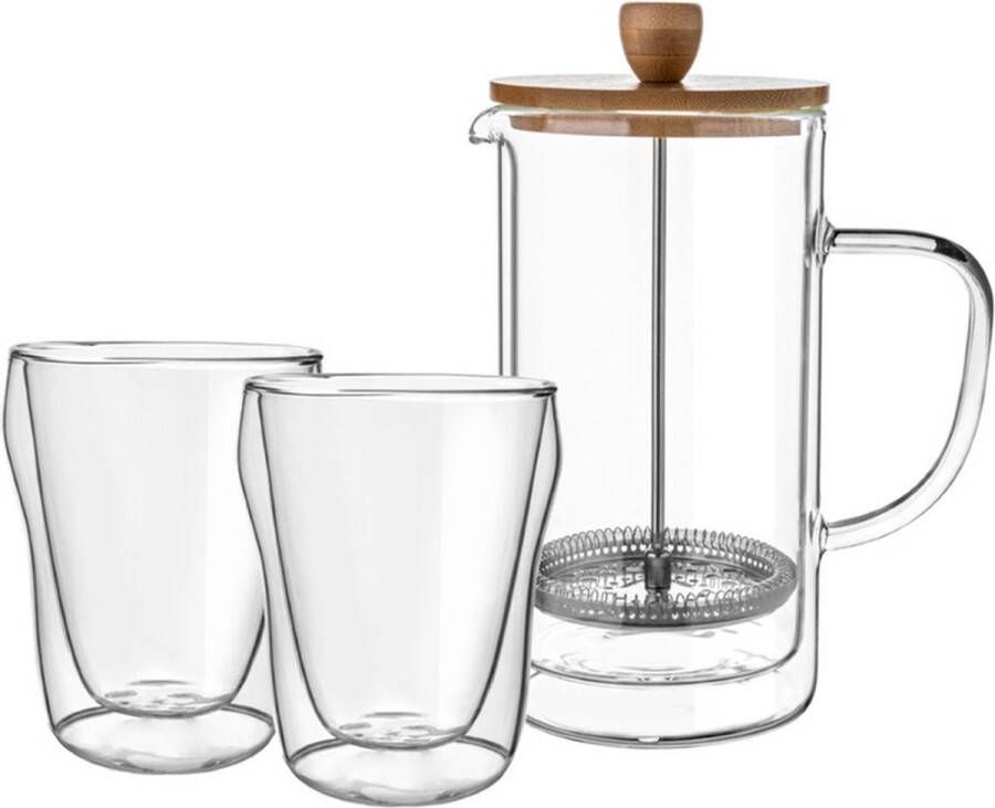 Floria Florina Malachit dubbelwandige french press cafetiere met 2 dubbelwandige glazen Set van 3 Vaatwasserbestendig Gehard glas