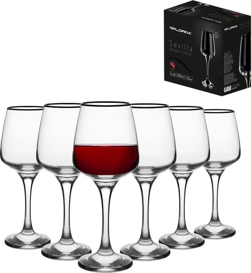 Floria Florina Sevilla set van 6 exclusieve rode wijnglazen met zwarte onyx rand 400ml luxe en elegante uitstraling bevat geen schadelijke stoffen