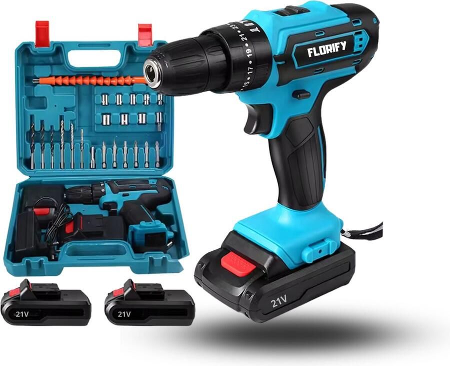 FLORIFY Accuboormachine Boormachine Accu schroefboormachine Accu Boormachine 28-delig 2 Accu's 21V Blauw