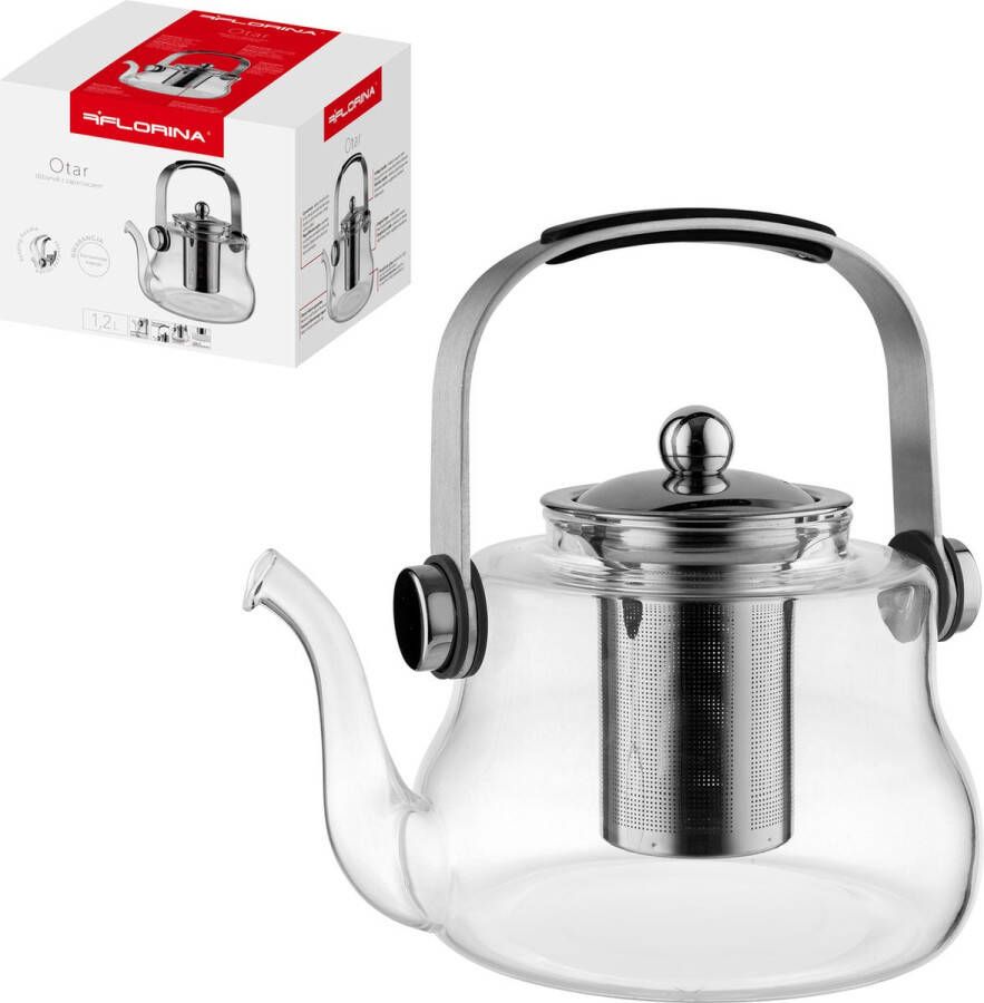 Florina Otar glazen theekan met filter theepot met RVS infuser 1.2L borosilicaat glas inklapbaar handvat