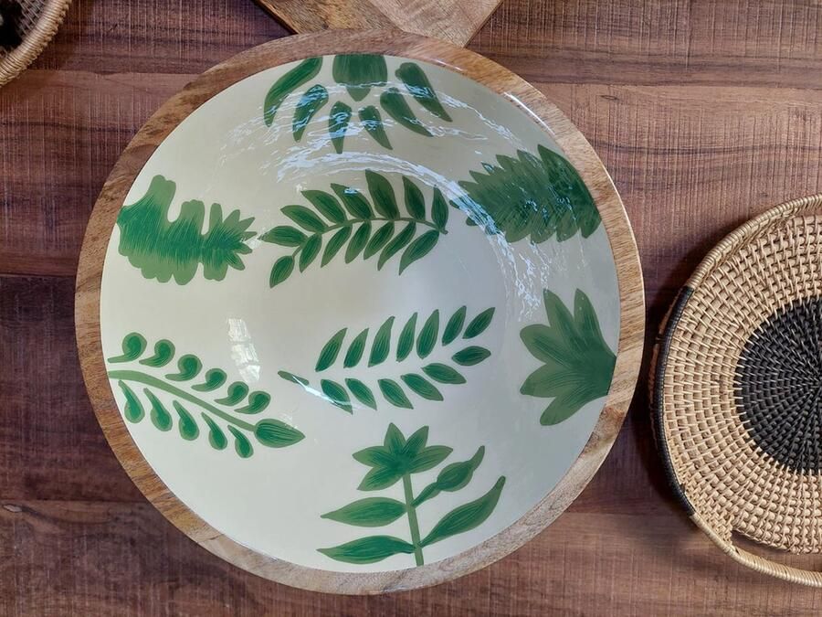 Floz Design grote houten schaal met print fruitschaal xl binnenzijde als keramiek 40 cm fairtrade