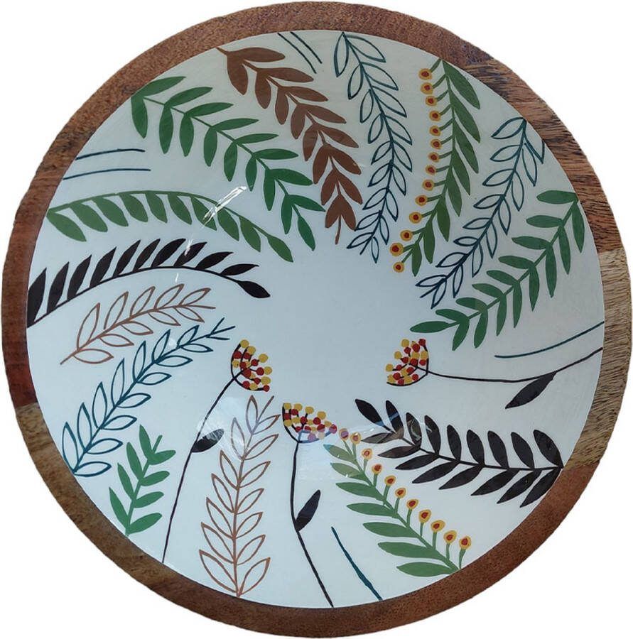Floz Design houten fruitschaal binnenzijde print als keramiek in aardekleuren 35 cm fairtrade