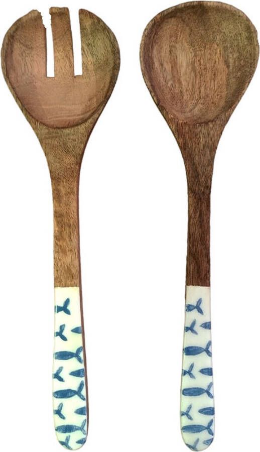 Floz Design houten slabestek met print unieke combi hout en keramiek slaset vork en lepel veilige materialen fairtrade