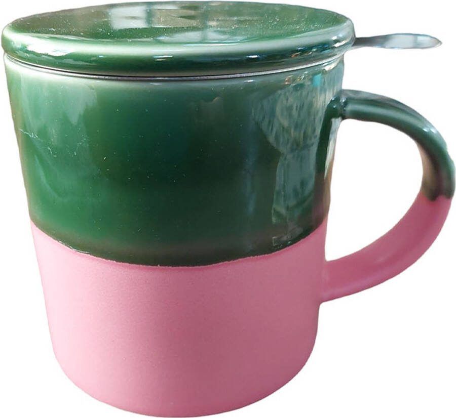 Floz Design industriële theekop met theefilter inclusief deksel en onderzetter ineen 410 ml fairtrade gemaakt
