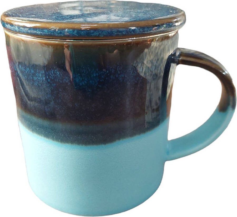 Floz Design industriële theekop met theefilter inclusief deksel en onderzetter ineen 410 ml fairtrade gemaakt