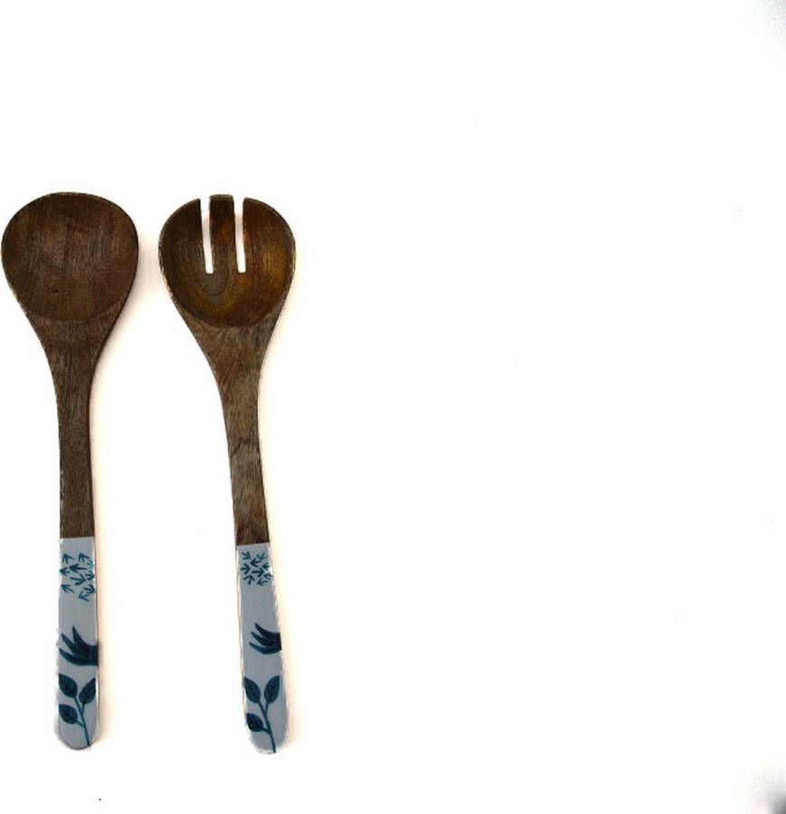 Floz Design luxe slaset houten vork en lepel slabestek handbeschilderd handvat als keramiek fairtrade