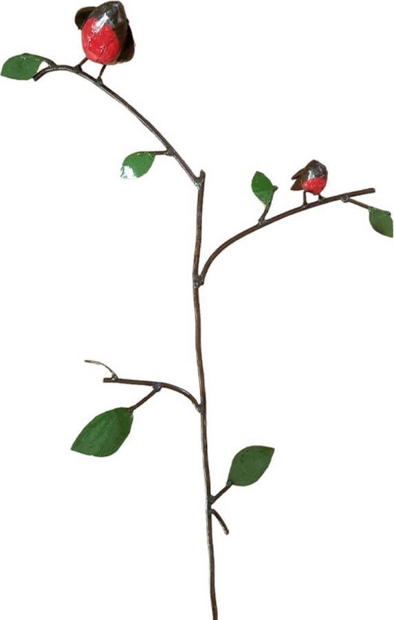 Floz Design tuinsteker roodborst op tak vogelbeeld roodborst met jong tuindecoratie die lang meegaat fairtrade van gerecycled metaal