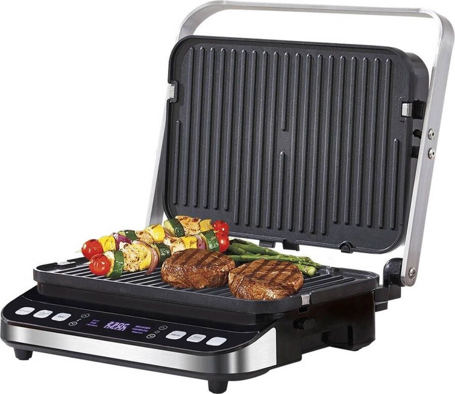 Fluux bakplaat grill plaat Panini press wafelijzer 180graden roestvrij staal 2000W LxBxH 35.5x33.8x16.5cm