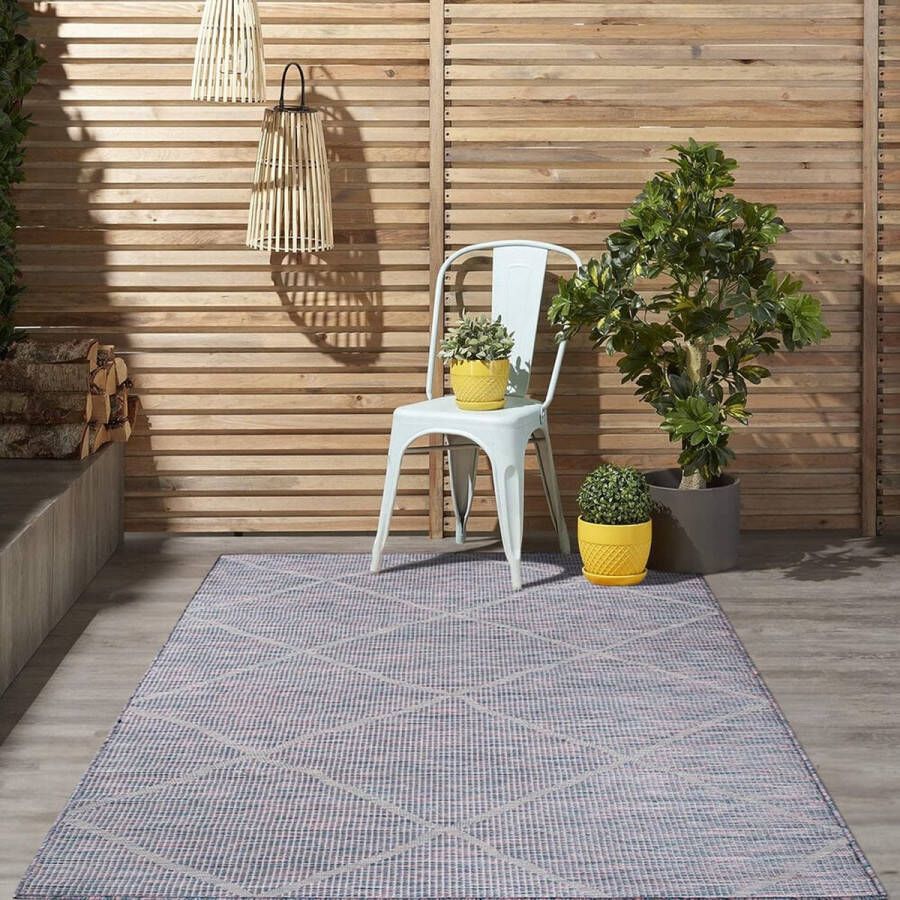 Flycarpets Hilaria Buitenkleed Geruit Voor Binnen & Buiten Vloerkleed Paars Roze Blauw 120x120 cm
