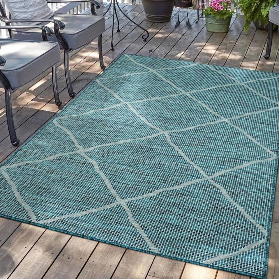 Flycarpets Hilaria Buitenkleed Geruit Voor Binnen & Buiten Vloerkleed Blauw 80x150 cm