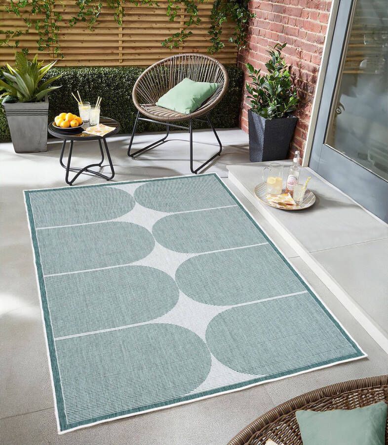 Flycarpets Omkeerbaar Terrazo Japandi Buitenkleed Groen Creme 200x290 cm Vloerkleed Buiten Laagpolig Tuinkleed Tuintapijt Buitentapijt