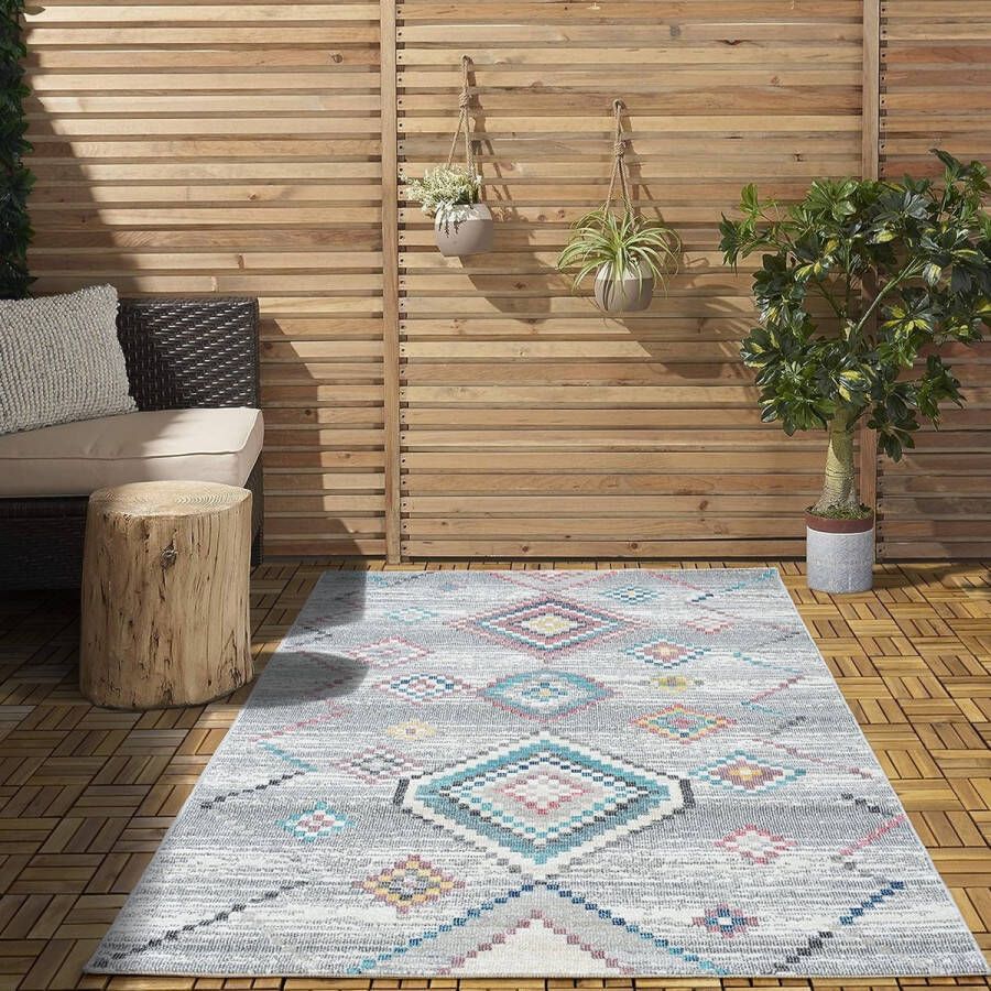 Flycarpets Sena Vintage Buitenkleed Vloerkleed Grijs Multi Buitentapijt Campingkleed Picknickkleed Tuintapijt 120x170 cm