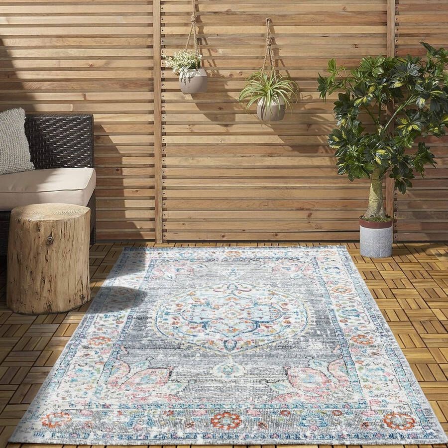 Flycarpets Sena Vintage Grijs Multi Buitenkleed Vloerkleed Buitentapijt Campingkleed Picknickkleed Tuintapijt 160x230 cm