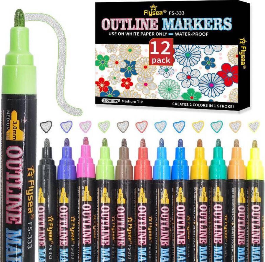 Flysea 12 Zilver Outline Markers Pennen Stiften-Magische Pen-3 MM-Kleurstiften- Dubbel lijn Stift-Viltstiften set met 12 Kleuren