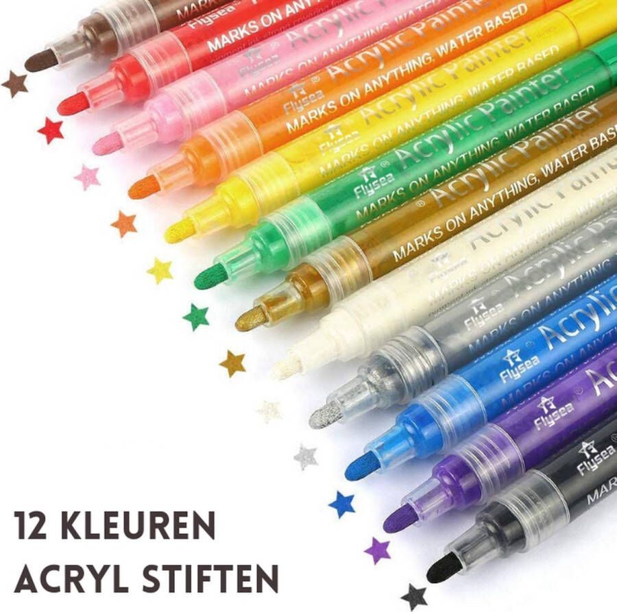 Flysea Acryl stiften | Verfstiften | Acrylverf | Stiften | | 12 kleuren | 3 mm punt